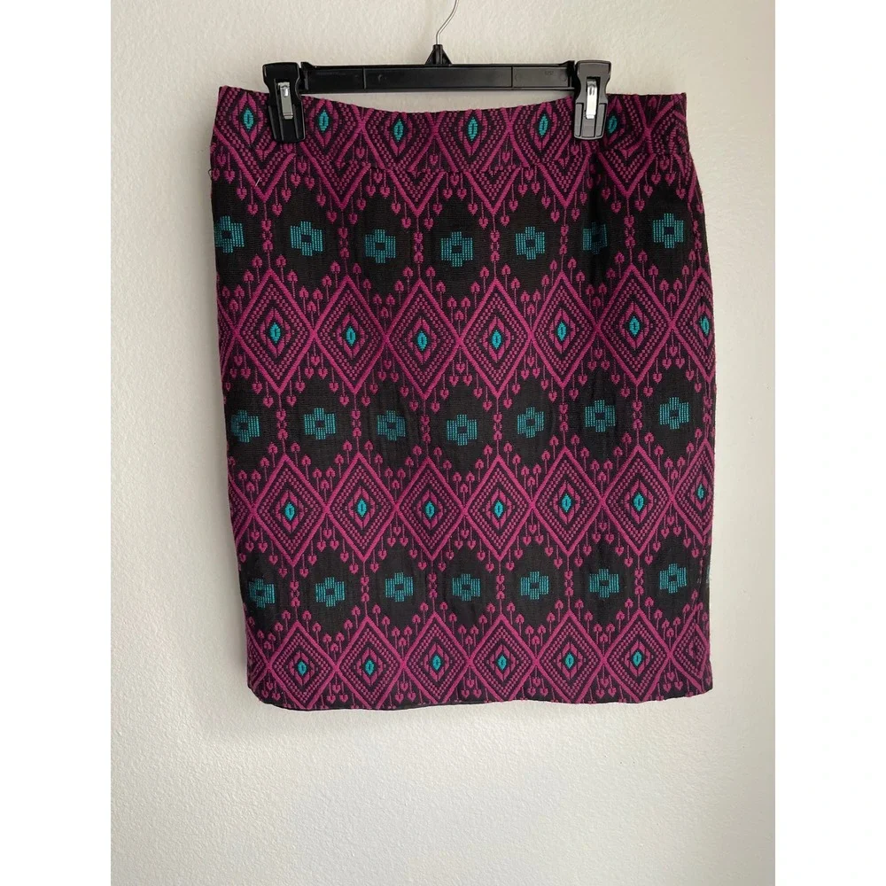Ann Taylor Geometric Ikat Jacquard Pencil‎ Skirt Pink Teal Black Size 10